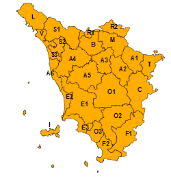 La mappa dell'allerta della Regione Toscana