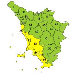 La mappa dell'allerta della Regione Toscana