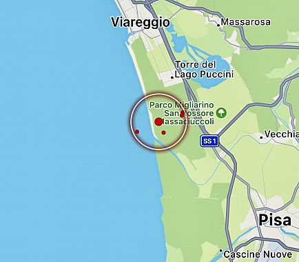 La zona dove ci sono state le scosse di terremoto. Il punto rosso più grande è la scossa da 3.8, gli altri puntini lo sciame sismico