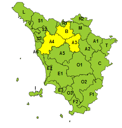 La mappa dell'allerta della Regione Toscana