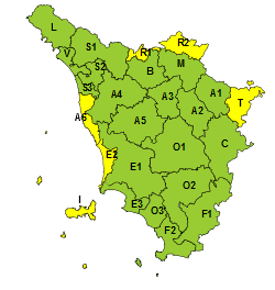 La mappa dell'allerta della Regione Toscana